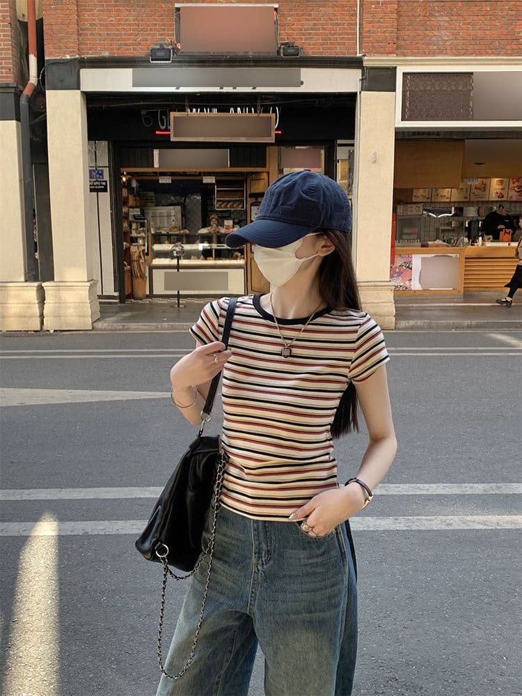 폭발 한국 스타일 컬러 짜임 스트라이프 긍정적 인 어깨 아메리칸 레트로 반팔 티셔츠 여성 여름 순수한 욕망 핫걸 몸매 가꾸기 쇼트 스타일 맨위 상세 이미지 12
