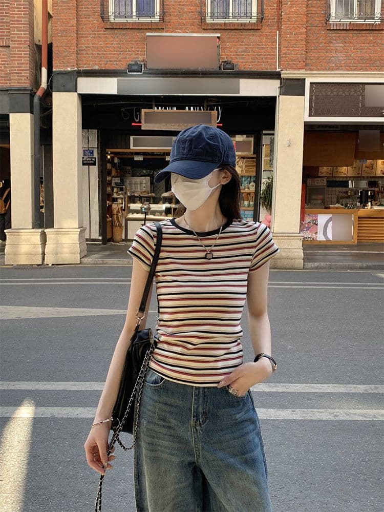 폭발 한국 스타일 컬러 짜임 스트라이프 긍정적 인 어깨 아메리칸 레트로 반팔 티셔츠 여성 여름 순수한 욕망 핫걸 몸매 가꾸기 쇼트 스타일 맨위 상세 이미지 18