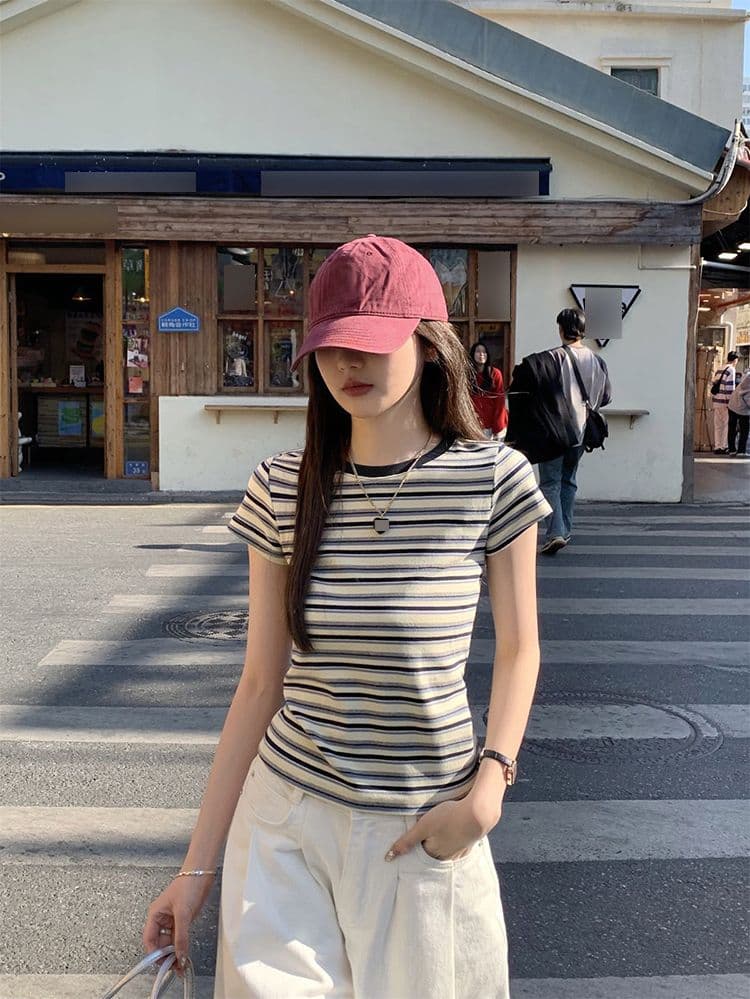 폭발 한국 스타일 컬러 짜임 스트라이프 긍정적 인 어깨 아메리칸 레트로 반팔 티셔츠 여성 여름 순수한 욕망 핫걸 몸매 가꾸기 쇼트 스타일 맨위 상세 이미지 34