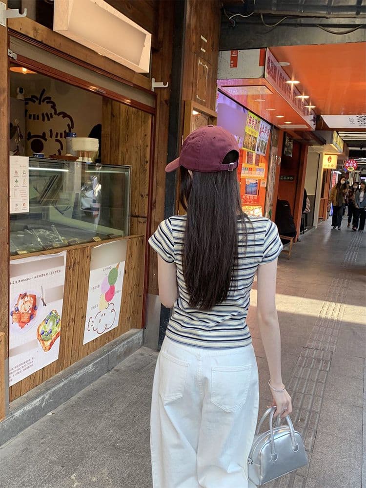 폭발 한국 스타일 컬러 짜임 스트라이프 긍정적 인 어깨 아메리칸 레트로 반팔 티셔츠 여성 여름 순수한 욕망 핫걸 몸매 가꾸기 쇼트 스타일 맨위 상세 이미지 35