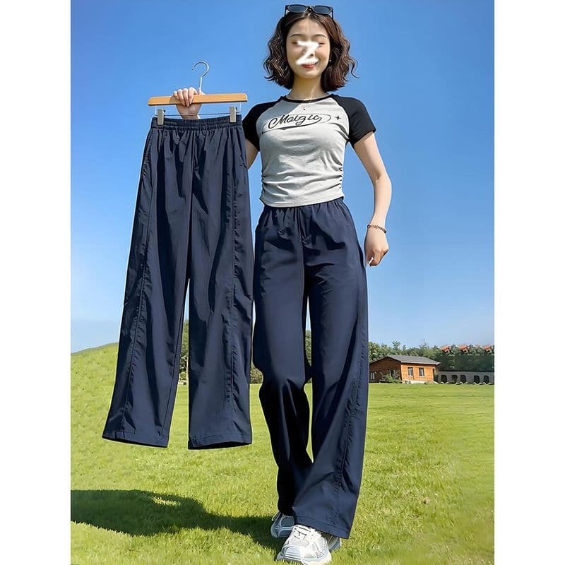 2026 한국 스타일 해군 아메리칸 속도 건조한 와이드 레깅스 바지 여름 얇은 스타일 하이웨이스트 슬림해 보이는 얼음 실크 신축성 운동 바지 이미지 6