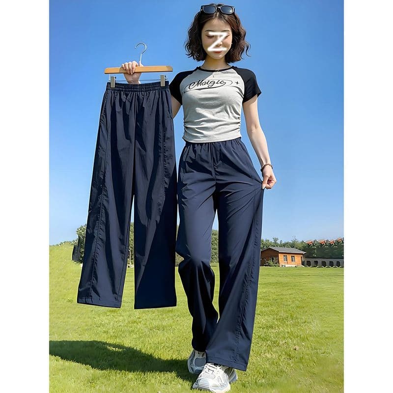 2026 한국 스타일 해군 아메리칸 속도 건조한 와이드 레깅스 바지 여름 얇은 스타일 하이웨이스트 슬림해 보이는 얼음 실크 신축성 운동 바지 이미지 3