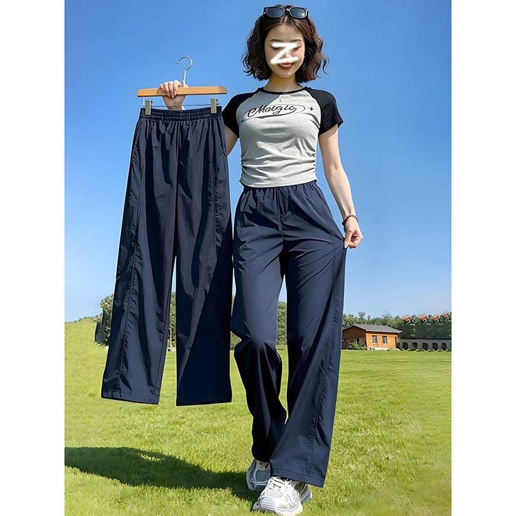 2026 한국 스타일 해군 아메리칸 속도 건조한 와이드 레깅스 바지 여름 얇은 스타일 하이웨이스트 슬림해 보이는 얼음 실크 신축성 운동 바지 상세 이미지 6