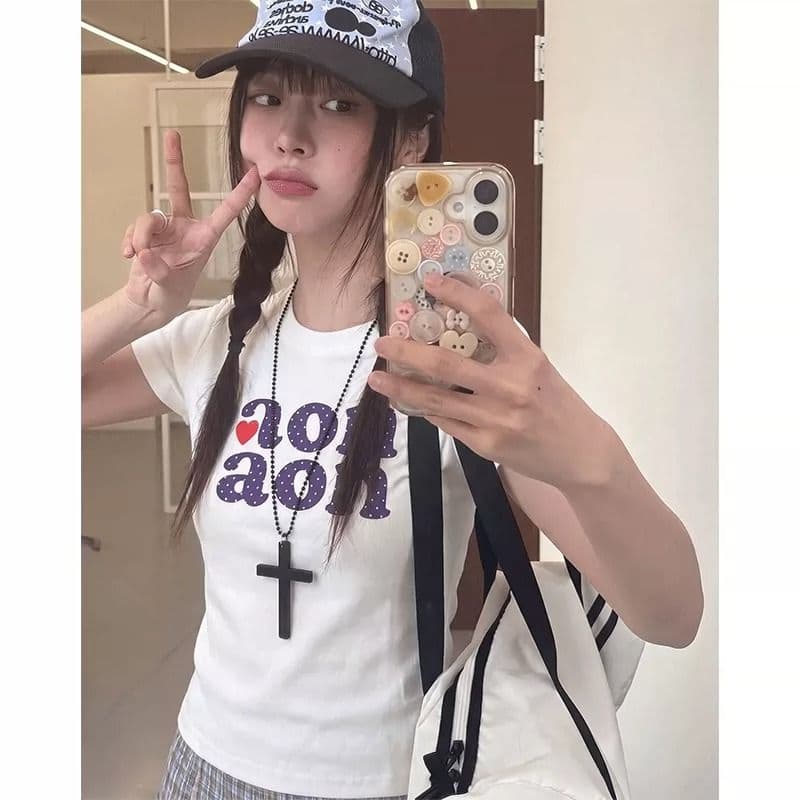 순면 40 220 그램 92 면 8 암모니아 Lun 한국 스타일 새로운 긍정적 인 어깨 반팔 티셔츠 여성 프린트 몸매 가꾸기 핫걸 맨위