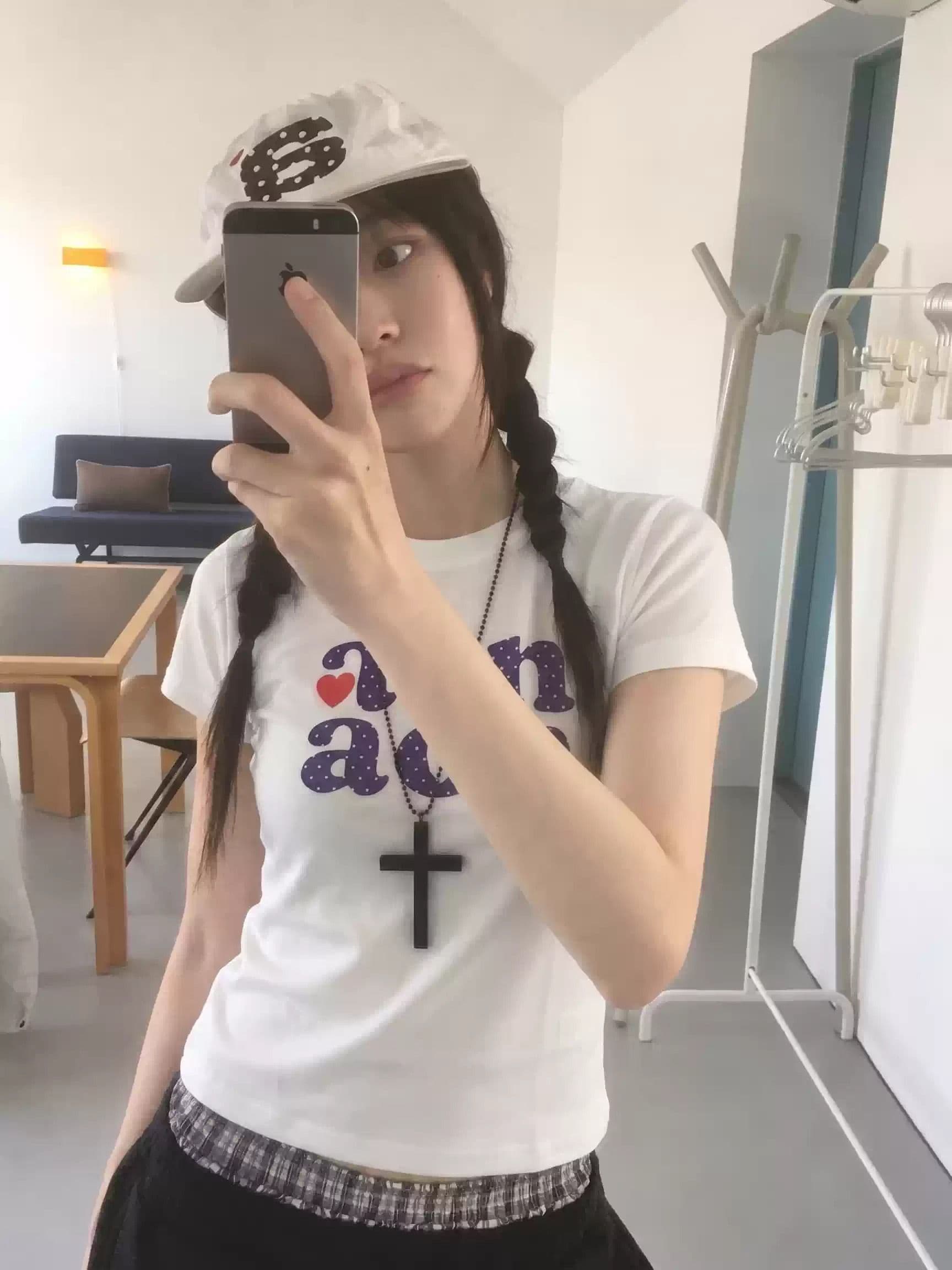 순면 40 220 그램 92 면 8 암모니아 Lun 한국 스타일 새로운 긍정적 인 어깨 반팔 티셔츠 여성 프린트 몸매 가꾸기 핫걸 맨위 상세 이미지 3