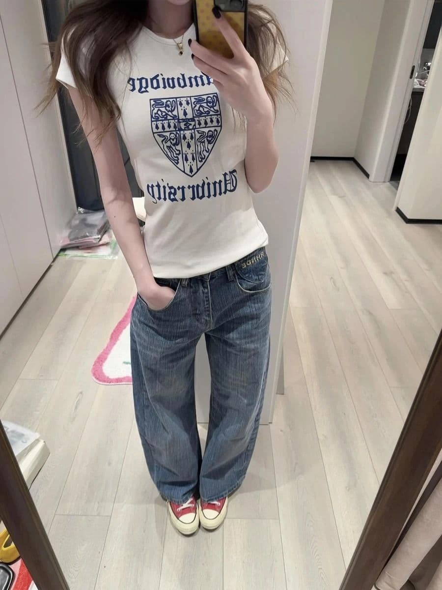 순면 40 220 그램 92 면 8 암모니아 Lun 한국 스타일 새로운 긍정적 인 어깨 반팔 티셔츠 여성 프린트 몸매 가꾸기 핫걸 맨위 이미지 2