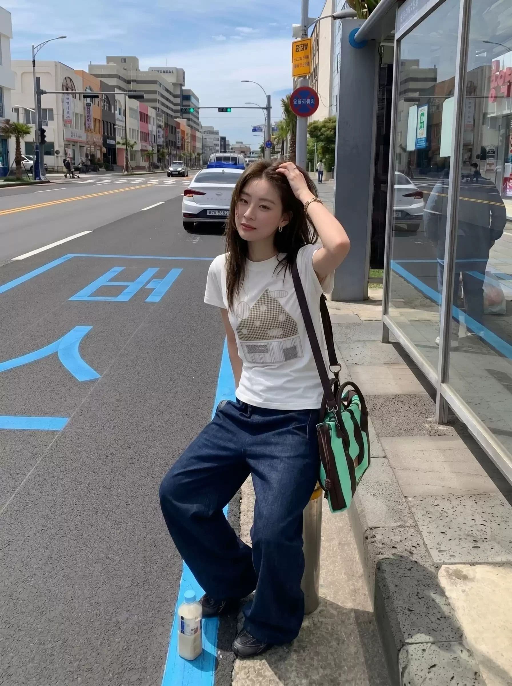 순면 40 220 그램 92 면 8 암모니아 Lun 한국 스타일 새로운 긍정적 인 어깨 반팔 티셔츠 여성 프린트 몸매 가꾸기 핫걸 맨위 이미지 2