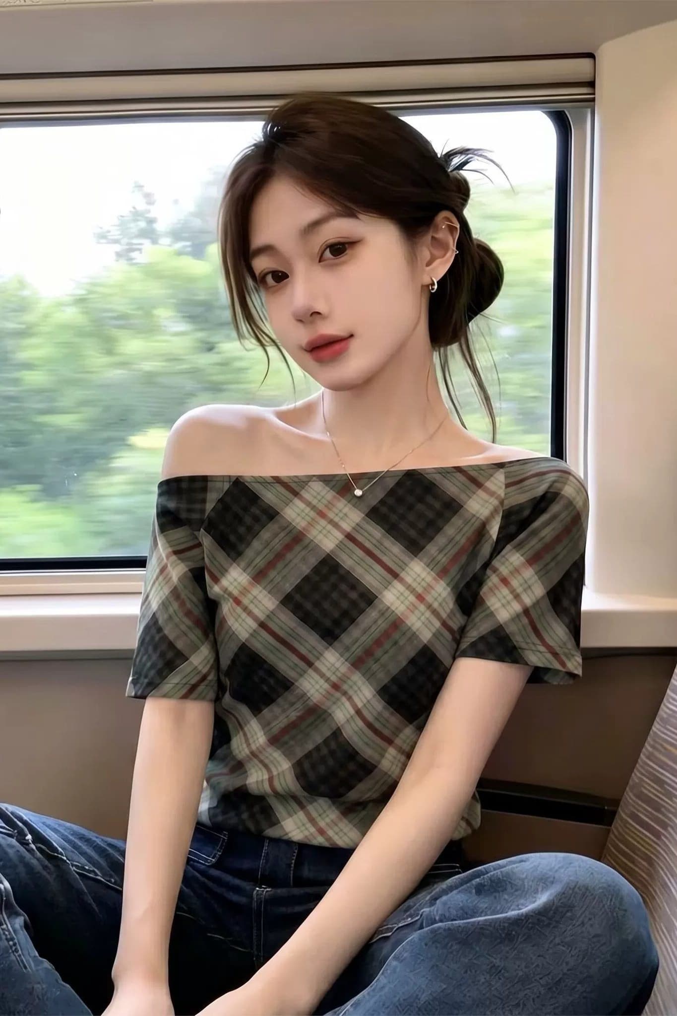 원본 원단 여름 새로운 레트로 체크무늬 오프숄더 맨위 몸매 가꾸기 허리 수축 슬림해 보이는 오프숄더 반팔 티셔츠 여성 이미지 5