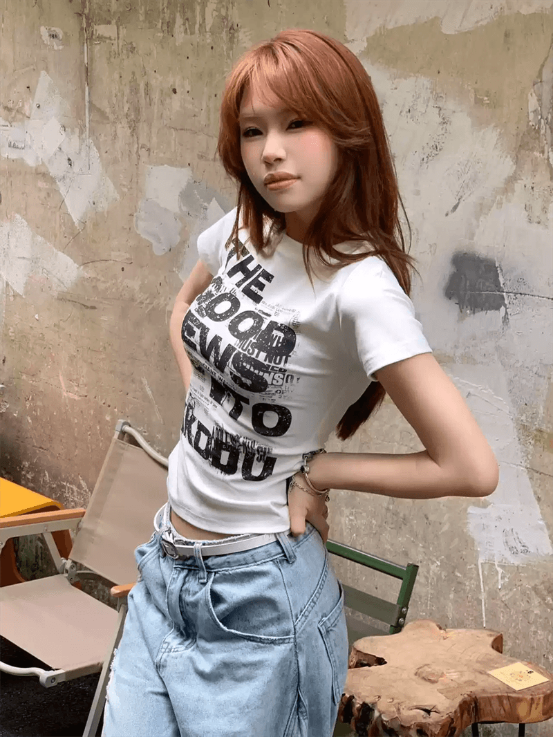 순면 40 220 그램 92 면 8 암모니아 Lun 한국 스타일 새로운 긍정적 인 어깨 반팔 티셔츠 여성 프린트 몸매 가꾸기 핫걸 맨위 상세 이미지 2