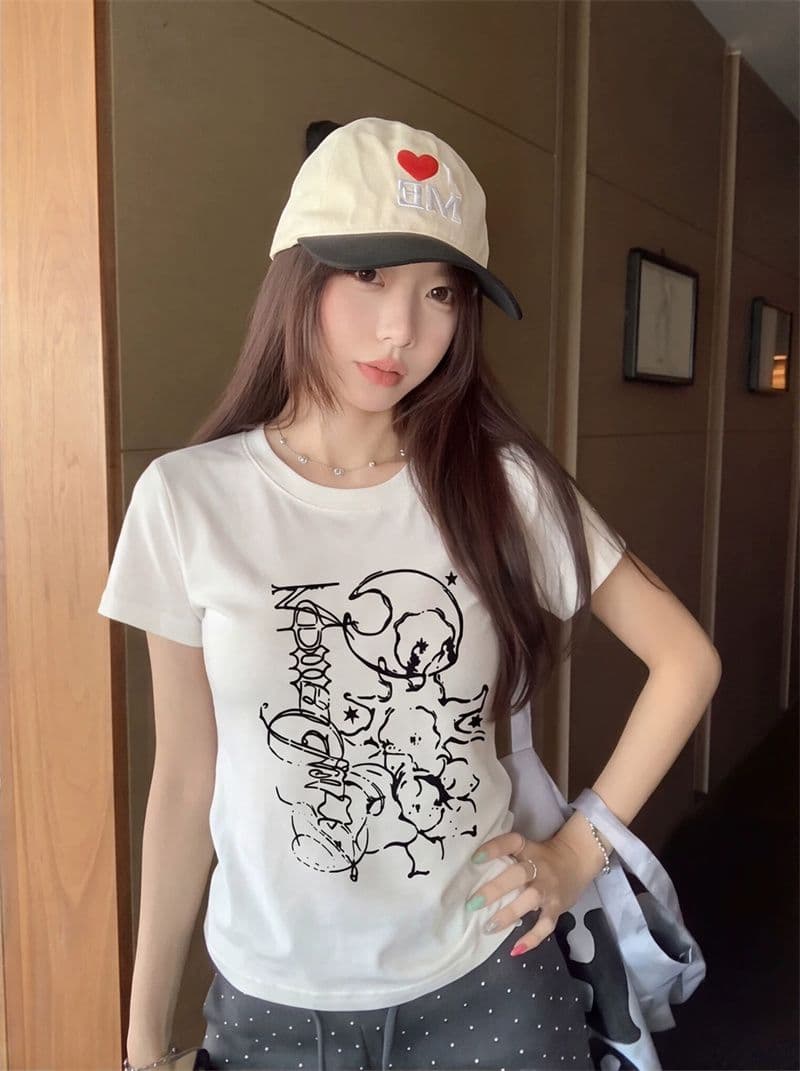 순면 40 220 그램 92 면 8 암모니아 Lun 한국 스타일 새로운 긍정적 인 어깨 반팔 티셔츠 여성 프린트 몸매 가꾸기 핫걸 맨위