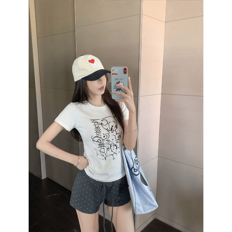 순면 40 220 그램 92 면 8 암모니아 Lun 한국 스타일 새로운 긍정적 인 어깨 반팔 티셔츠 여성 프린트 몸매 가꾸기 핫걸 맨위 상세 이미지 4