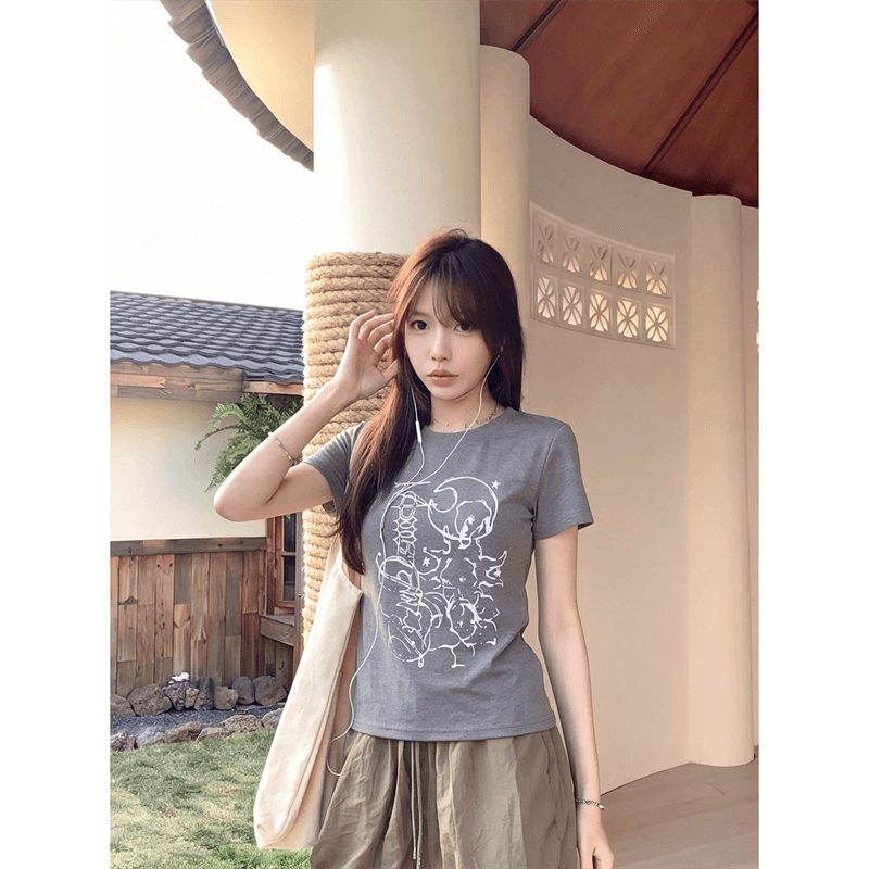 순면 40 220 그램 92 면 8 암모니아 Lun 한국 스타일 새로운 긍정적 인 어깨 반팔 티셔츠 여성 프린트 몸매 가꾸기 핫걸 맨위 상세 이미지 5
