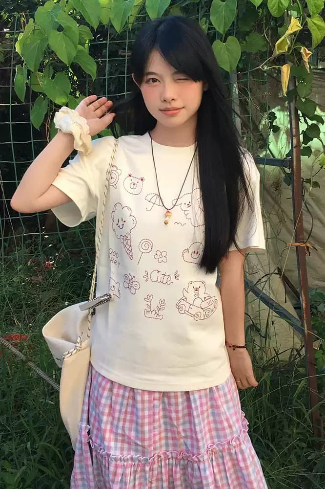 순면 40 220 그램 92 면 8 암모니아 Lun 한국 스타일 새로운 긍정적 인 어깨 반팔 티셔츠 여성 프린트 몸매 가꾸기 핫걸 맨위 이미지 5