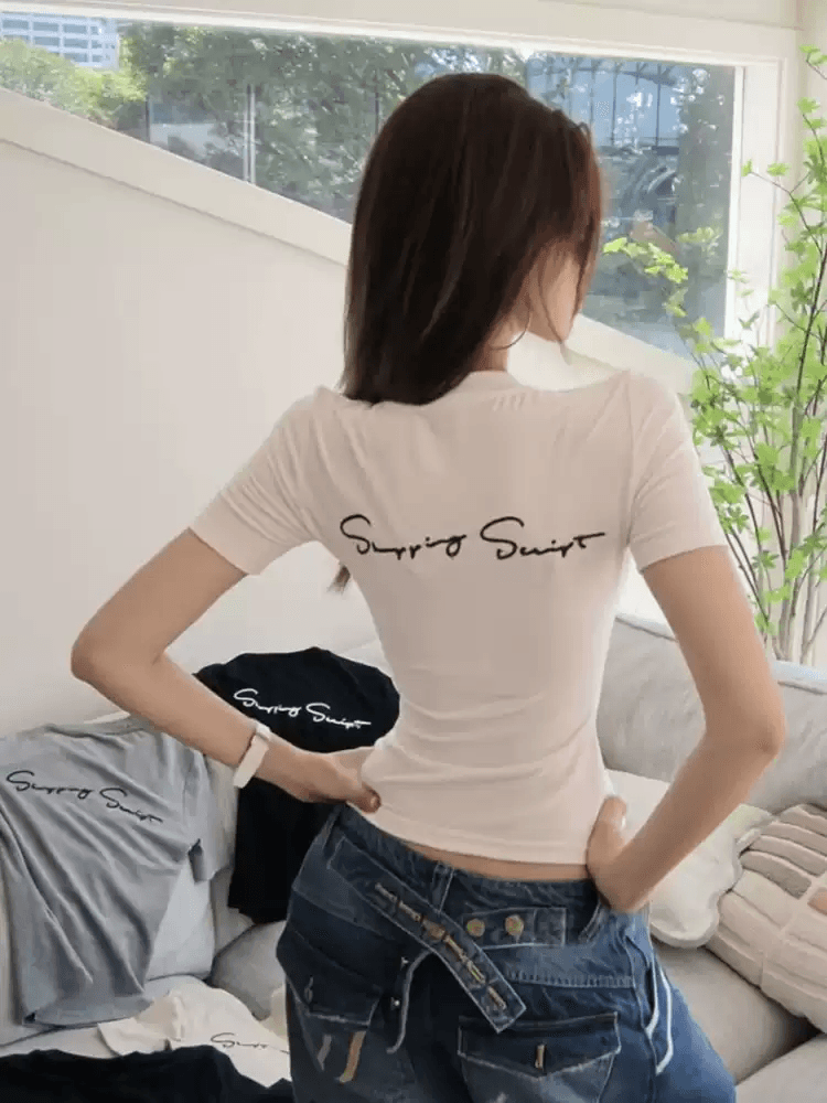 순면 40 220 그램 92 면 8 암모니아 Lun 한국 스타일 새로운 긍정적 인 어깨 반팔 티셔츠 여성 프린트 몸매 가꾸기 핫걸 맨위