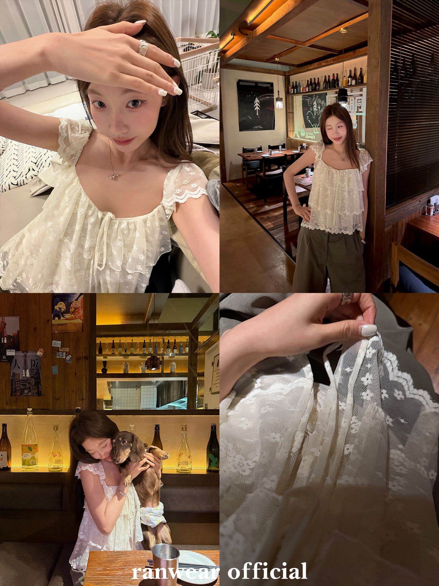 작은 대중 디자인 센스 빛 럭셔리 철자 레이스 패치워크 레이스 광장 칼라 요정 가스 작은 날다 소매 반팔 맨위 여성 여름 티셔츠 이미지 2