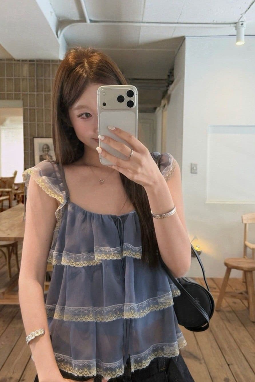 작은 대중 디자인 센스 빛 럭셔리 철자 레이스 패치워크 레이스 광장 칼라 요정 가스 작은 날다 소매 반팔 맨위 여성 여름 티셔츠 이미지 5