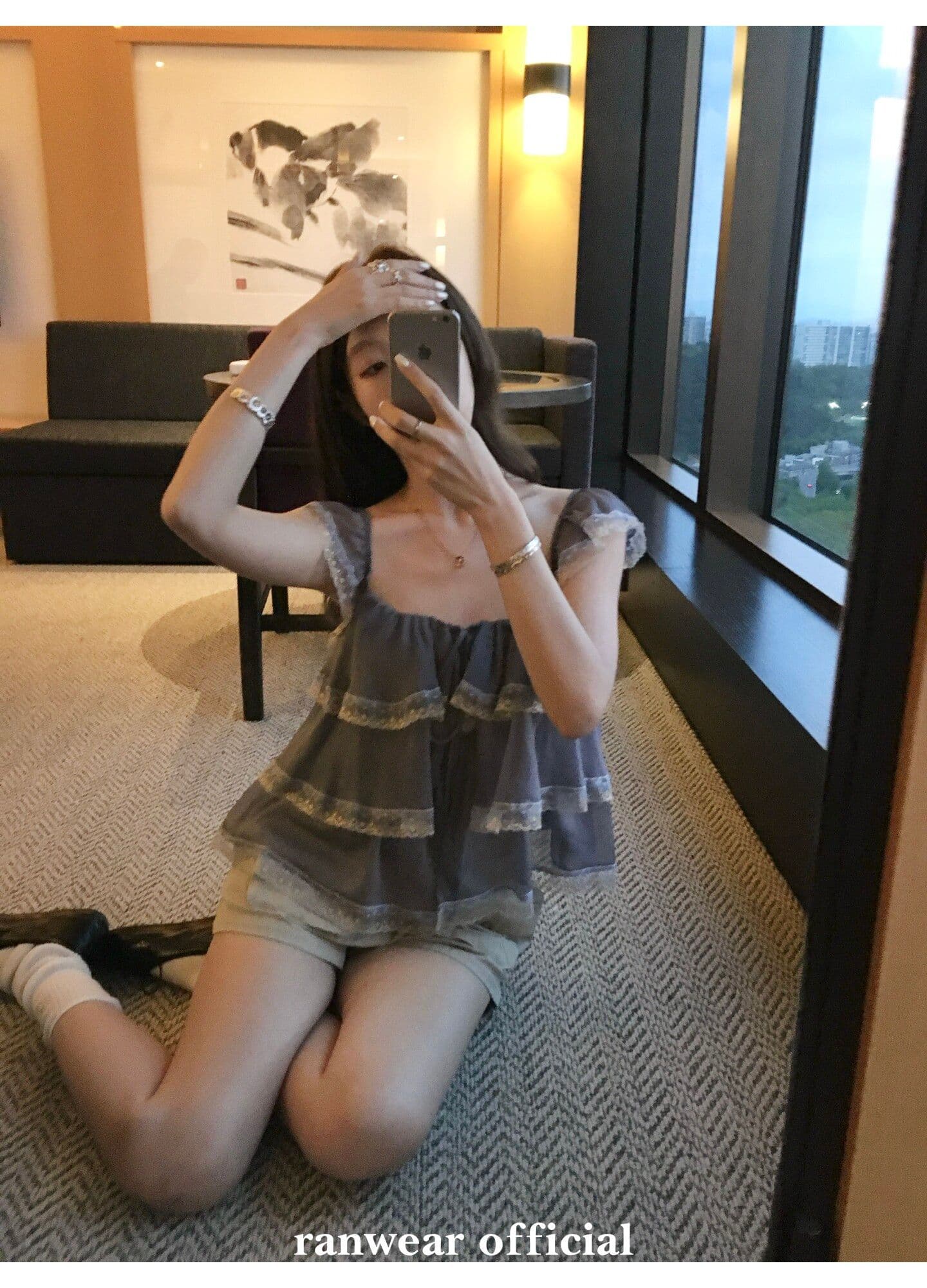 작은 대중 디자인 센스 빛 럭셔리 철자 레이스 패치워크 레이스 광장 칼라 요정 가스 작은 날다 소매 반팔 맨위 여성 여름 티셔츠 상세 이미지 13