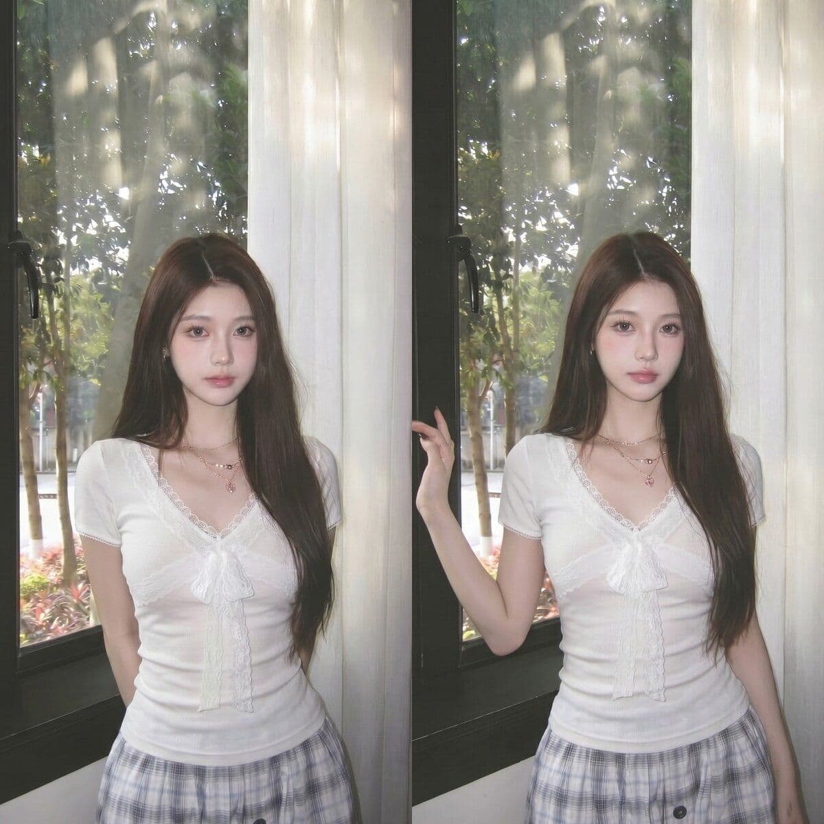 한국 스타일 핫걸 V넥 레이스 나비 매듭 레이스 낮은 네크라인 펌프 로프 순수한 욕망 몸매 가꾸기 t 여성 이미지 2