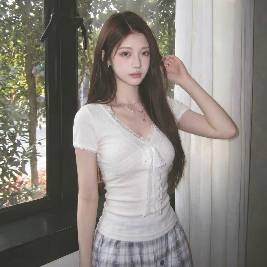 한국 스타일 핫걸 V넥 레이스 나비 매듭 레이스 낮은 네크라인 펌프 로프 순수한 욕망 몸매 가꾸기 t 여성