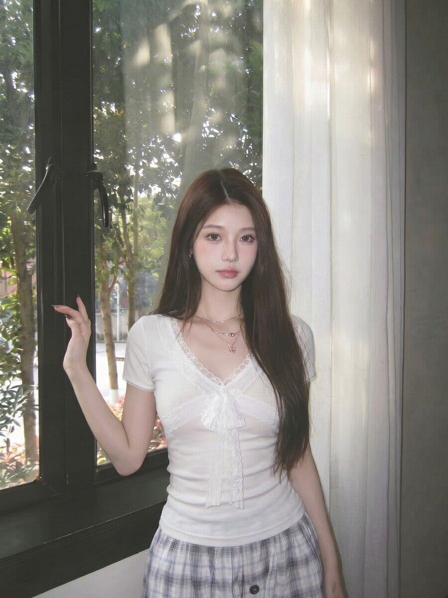 한국 스타일 핫걸 V넥 레이스 나비 매듭 레이스 낮은 네크라인 펌프 로프 순수한 욕망 몸매 가꾸기 t 여성 상세 이미지 4