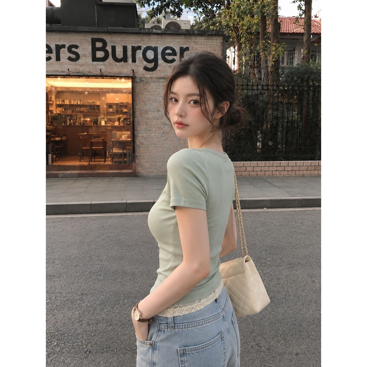 40 순면 리브 한국 스타일 핫걸 u 칼라 배색 패치워크 레이스 측면 순수한 욕망 슬림해 보이는 페이크 레이어드 맨위 여성 상세 이미지 4