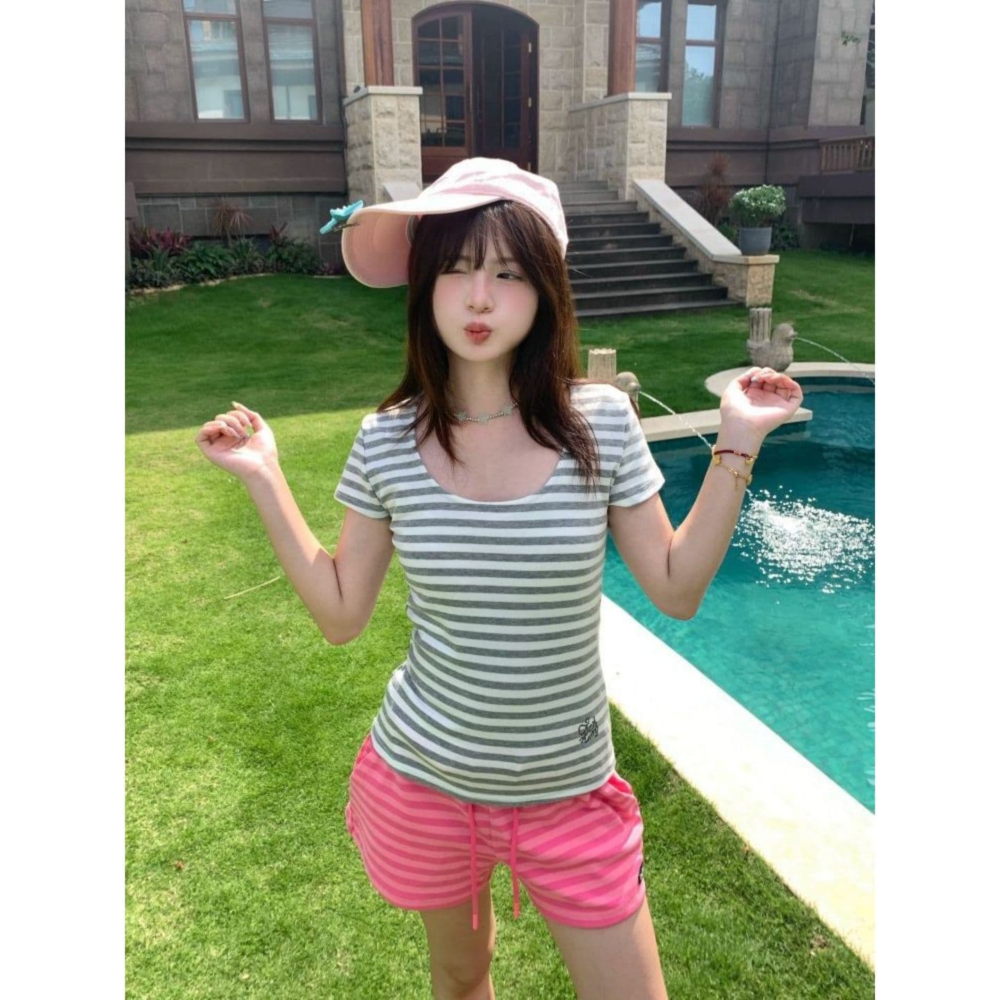 폭발 한국 스타일 컬러 짜임 스트라이프 긍정적 인 어깨 아메리칸 레트로 반팔 티셔츠 여성 여름 순수한 욕망 핫걸 몸매 가꾸기 쇼트 스타일 맨위 이미지 5