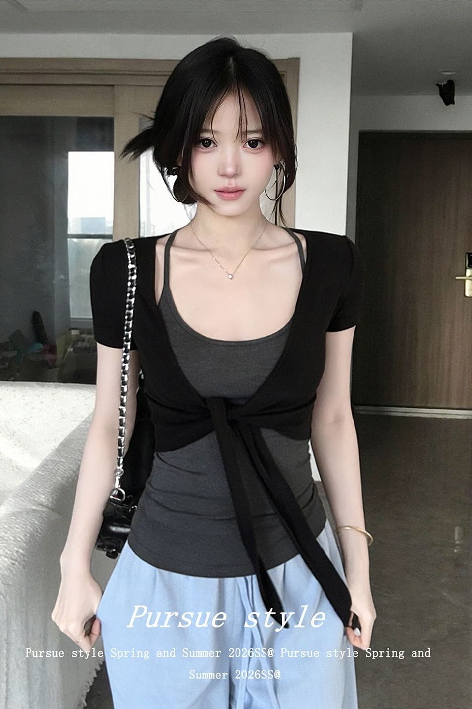 아메리칸 핫걸 세트 여성 여름 스트랩 반팔 오픈 가디건 행침 목 슬립 순수한 욕망 바람 맨위 이미지 7