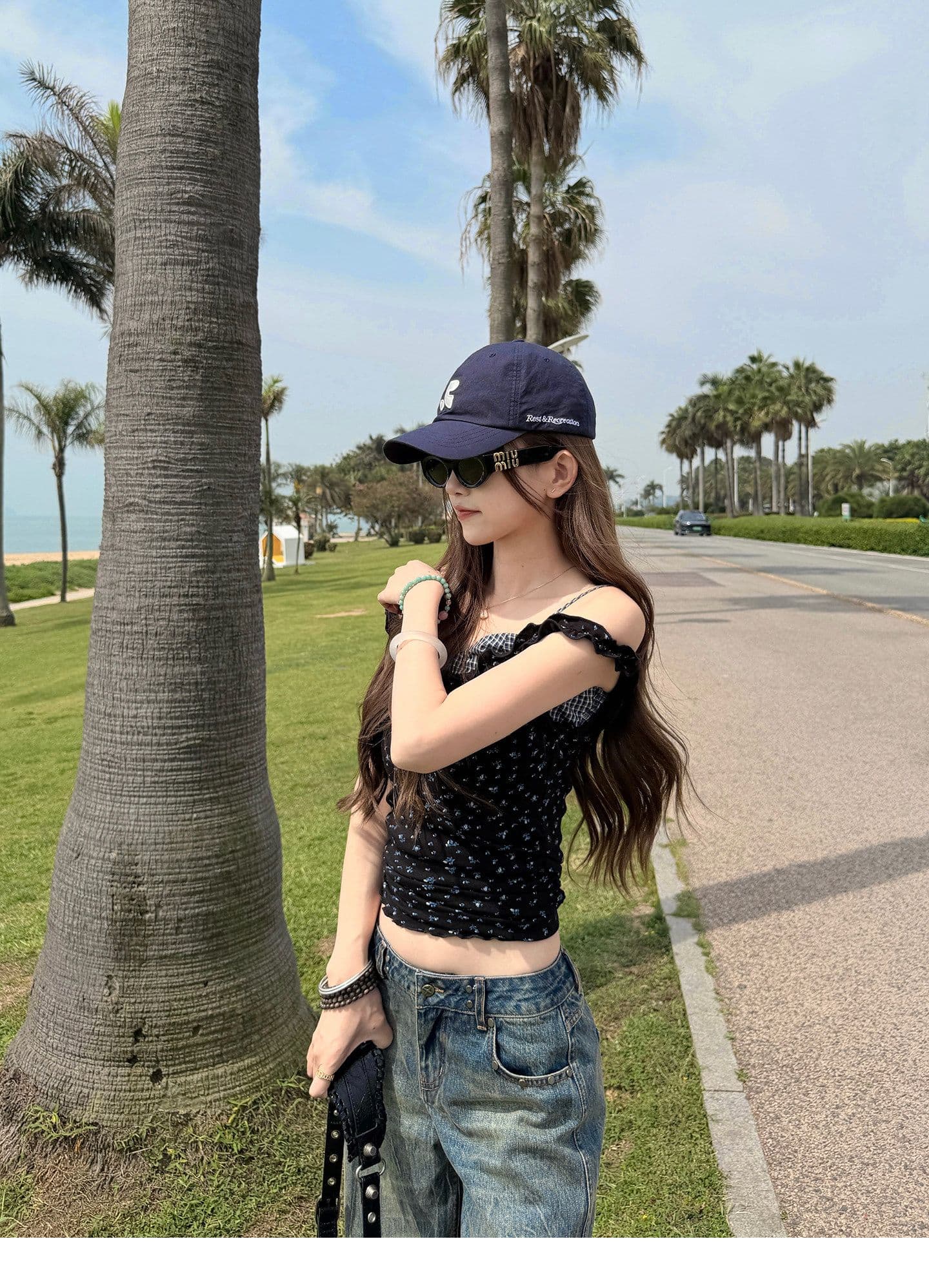 cuitcuit 깨진 깨진 페이크 레이어드 꽃무늬 조끼 슬립 여성 체크무늬 패치워크 둘 착용 오프숄더 맨위 상세 이미지 12