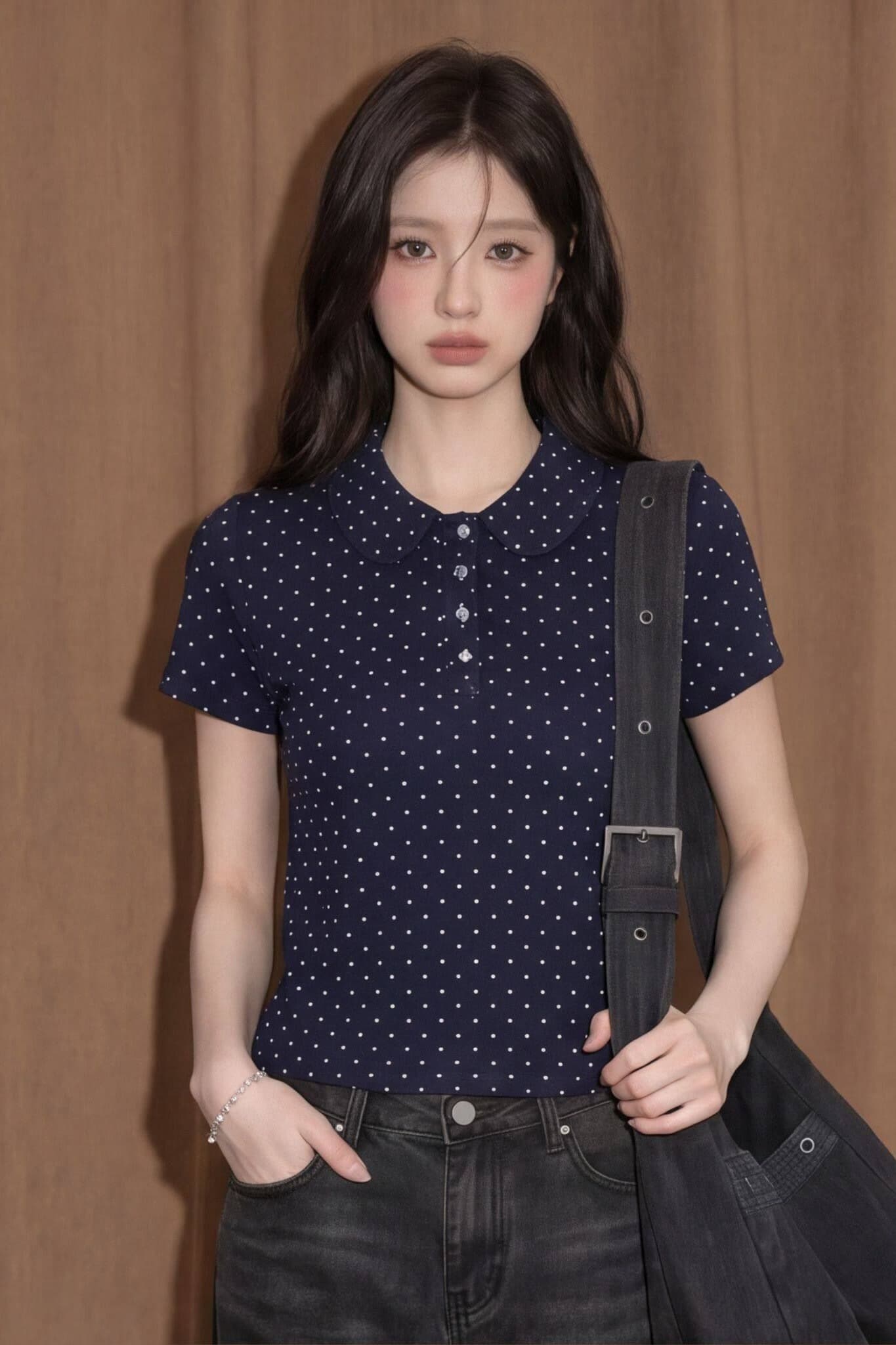 한국 스타일 도트 무늬 POLO 칼라 반팔 맨위 여성 여름 프랑스식 고유 한 아름다운 몸매 가꾸기 긍정적 인 어깨 쇼트 스타일 티셔츠 이미지 6