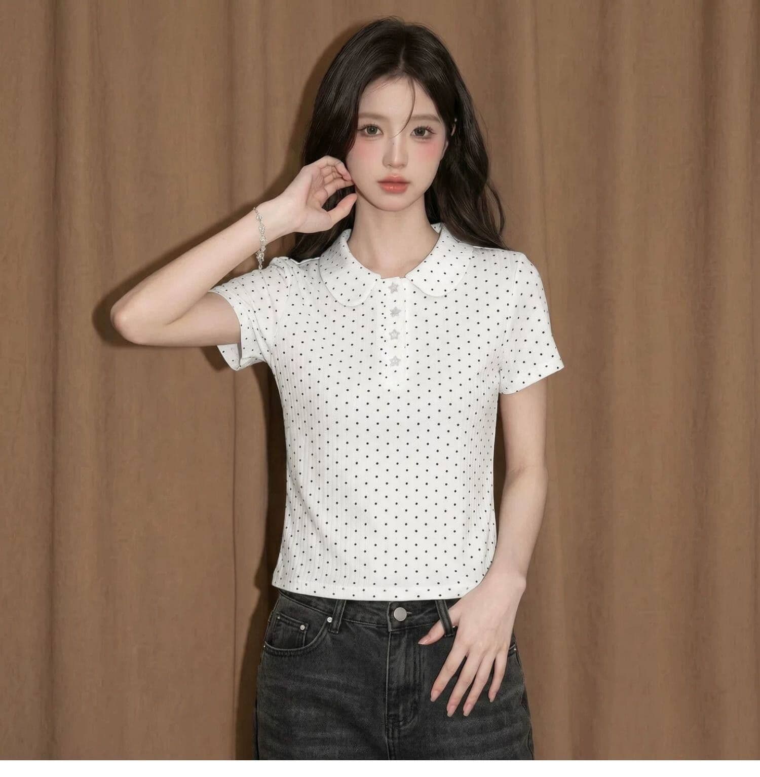 한국 스타일 도트 무늬 POLO 칼라 반팔 맨위 여성 여름 프랑스식 고유 한 아름다운 몸매 가꾸기 긍정적 인 어깨 쇼트 스타일 티셔츠 상세 이미지 2