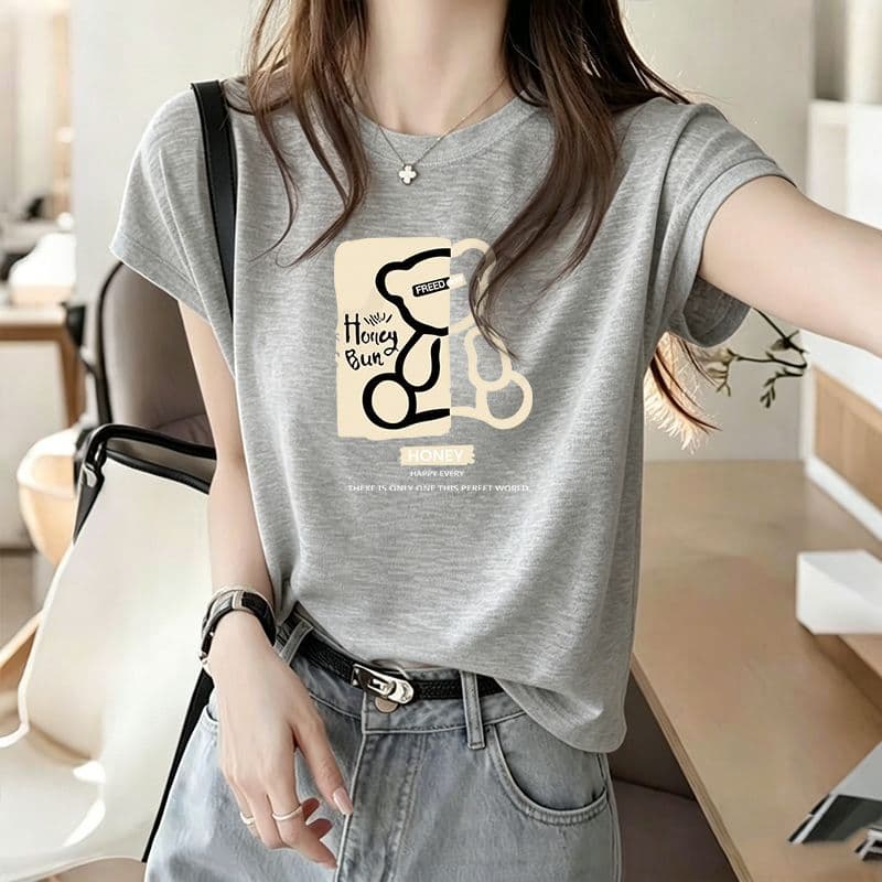 대나무 마디 면 세련된 프린트 반팔 티셔츠 여성 여름 한국 스타일 새로운 차가운 센스 슬림해 보이는 다용도 외국 가스 맨위 상세 이미지 3