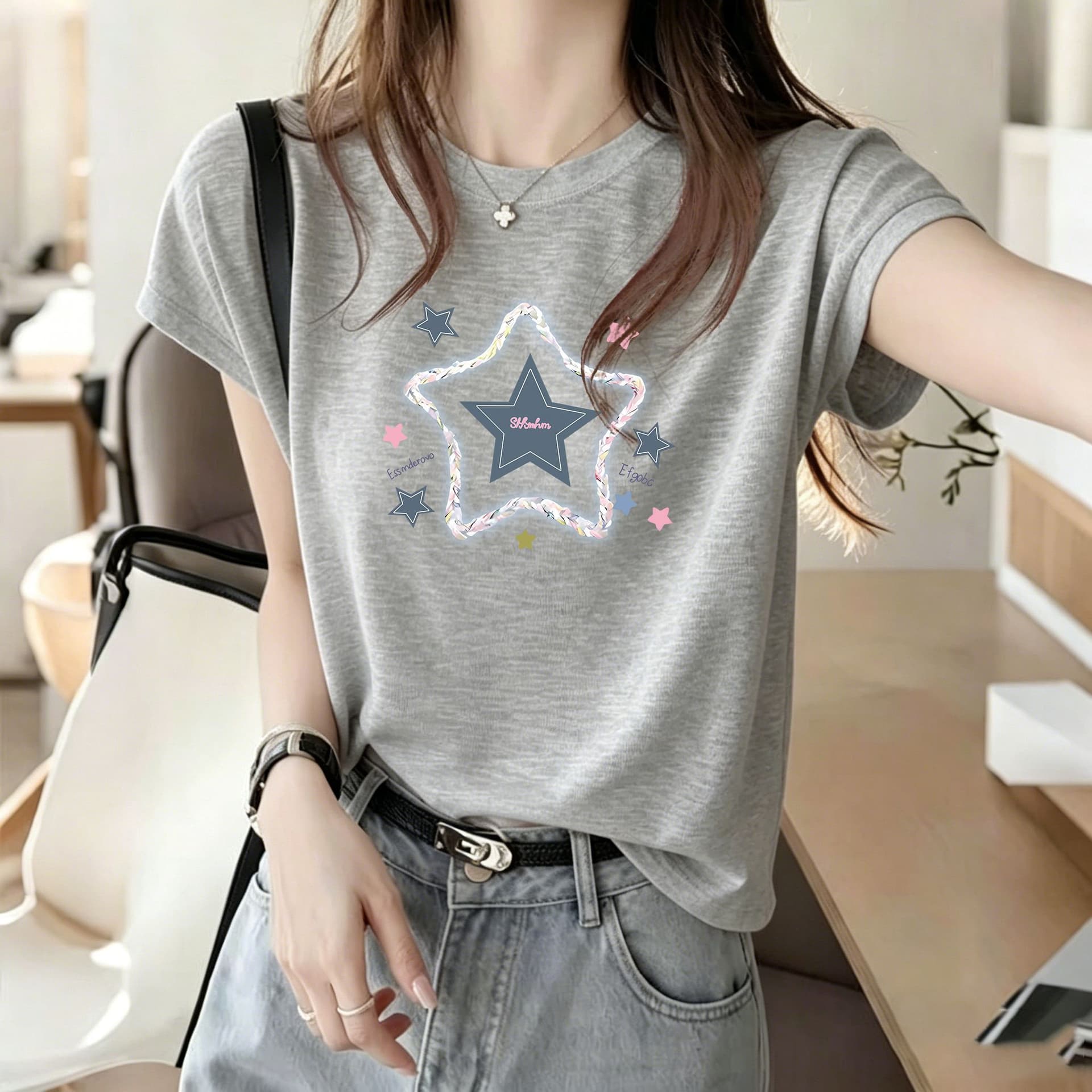대나무 마디 면 세련된 프린트 반팔 티셔츠 여성 여름 한국 스타일 새로운 차가운 센스 슬림해 보이는 다용도 외국 가스 맨위 상세 이미지 3