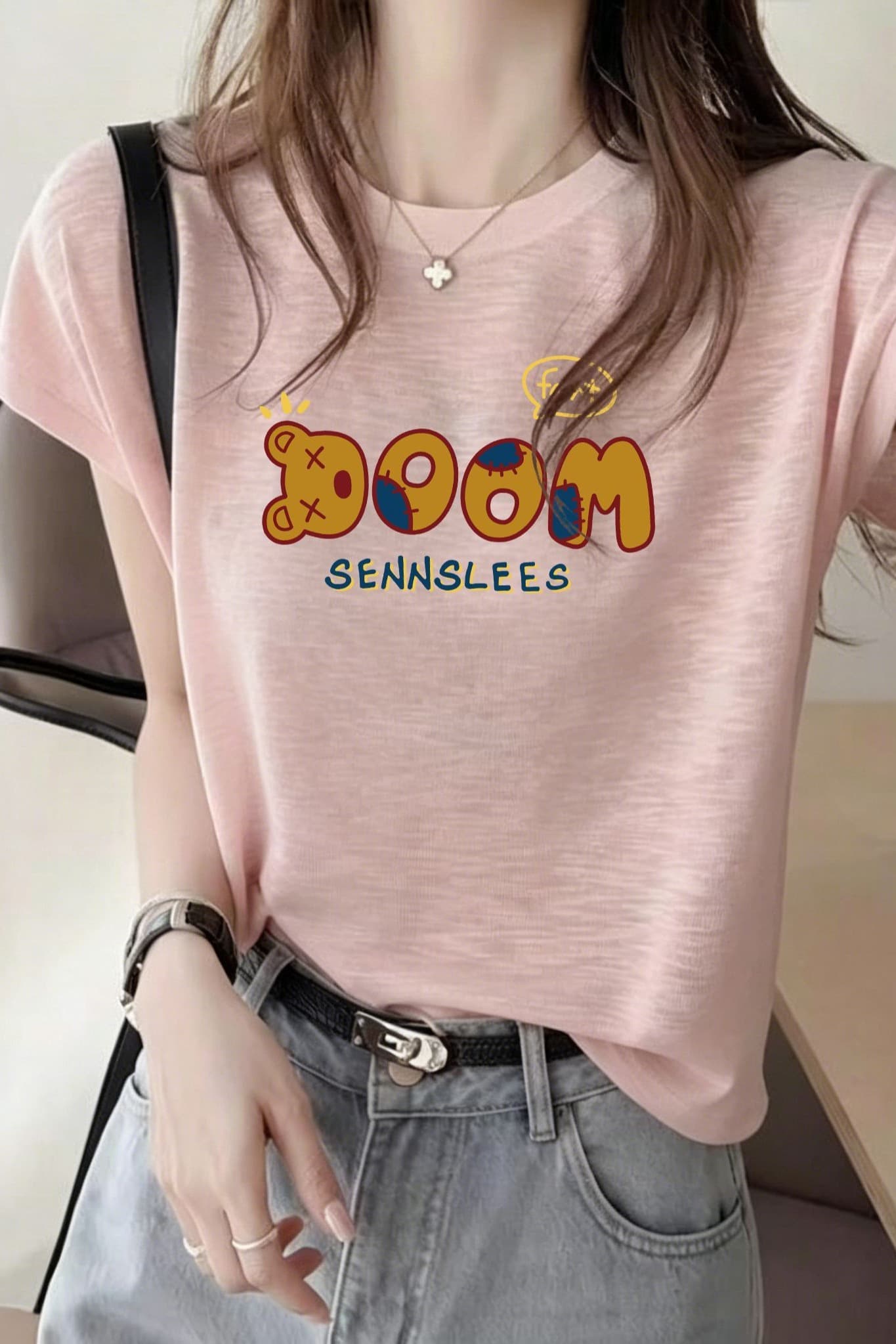 대나무 마디 면 세련된 프린트 반팔 티셔츠 여성 여름 한국 스타일 새로운 차가운 센스 슬림해 보이는 다용도 외국 가스 맨위 이미지 4
