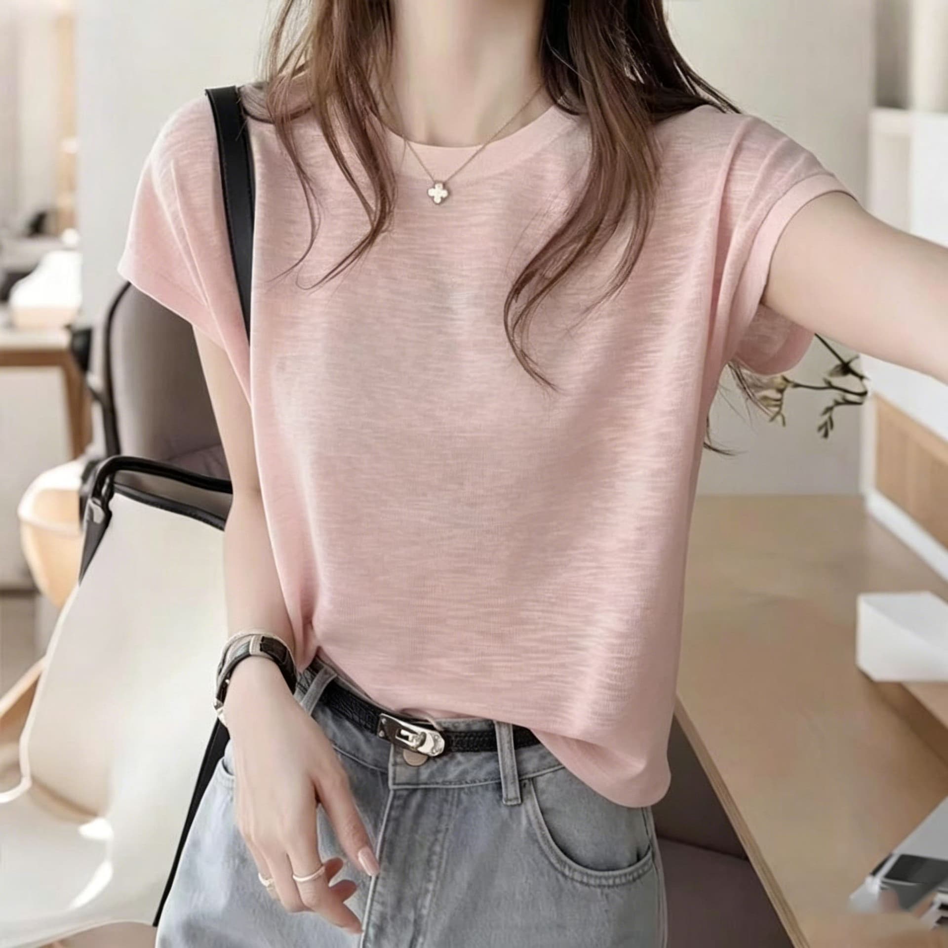 대나무 마디 면 단색 조수 브랜드 반팔 티셔츠 여성 여름 한국 스타일 새로운 차가운 센스 슬림해 보이는 다용도 외국 가스 맨위