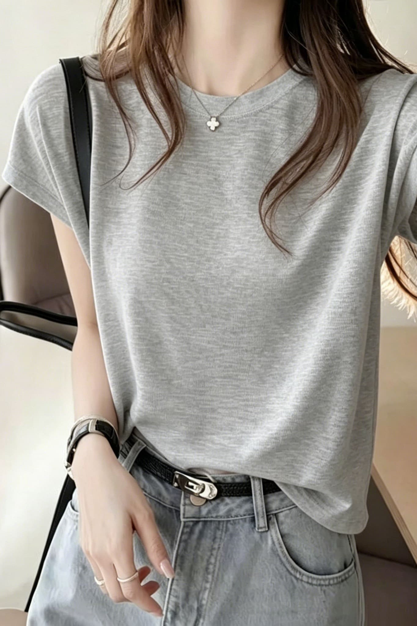 대나무 마디 면 단색 조수 브랜드 반팔 티셔츠 여성 여름 한국 스타일 새로운 차가운 센스 슬림해 보이는 다용도 외국 가스 맨위 이미지 4