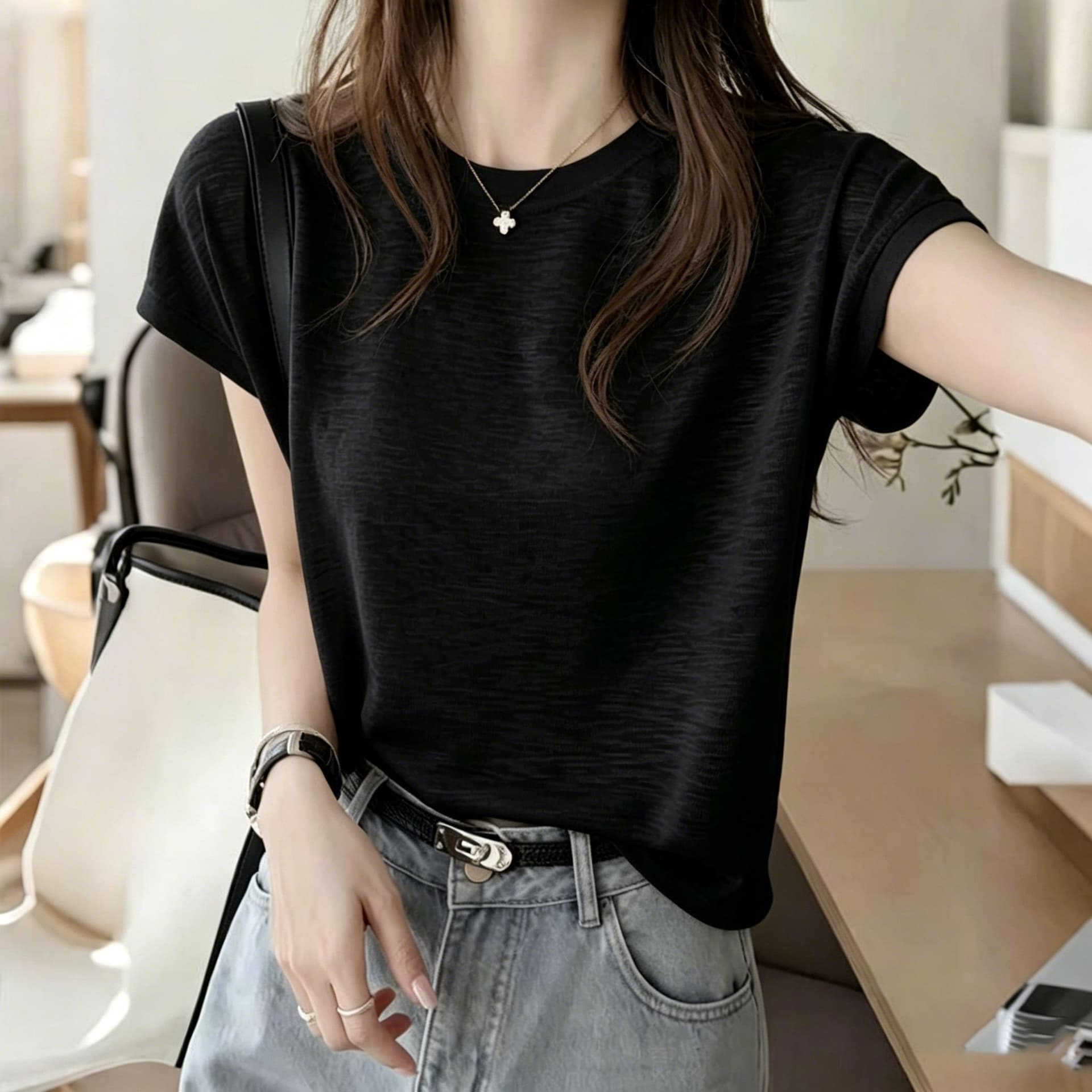 대나무 마디 면 단색 조수 브랜드 반팔 티셔츠 여성 여름 한국 스타일 새로운 차가운 센스 슬림해 보이는 다용도 외국 가스 맨위 상세 이미지 3