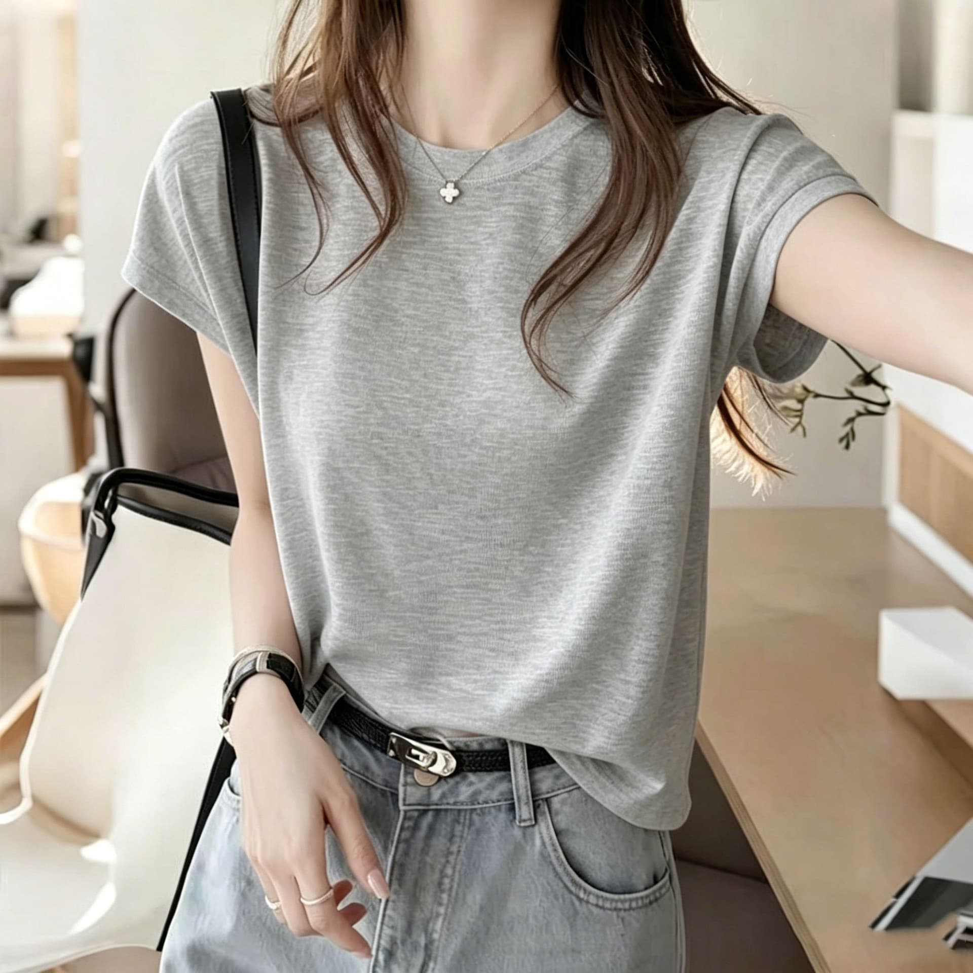 대나무 마디 면 단색 조수 브랜드 반팔 티셔츠 여성 여름 한국 스타일 새로운 차가운 센스 슬림해 보이는 다용도 외국 가스 맨위 상세 이미지 4