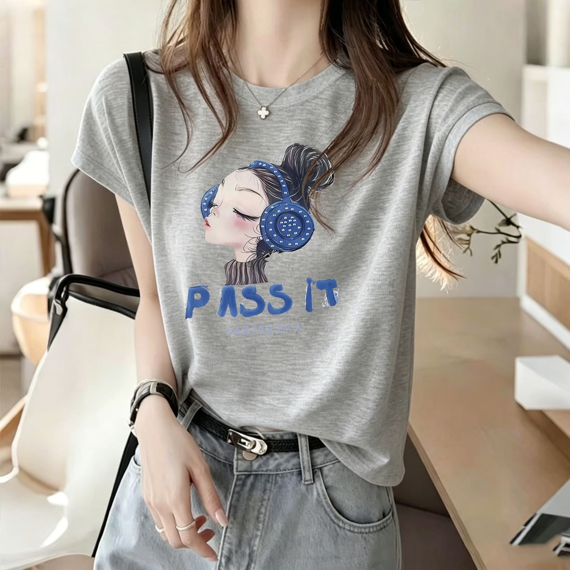 대나무 마디 면 세련된 프린트 반팔 티셔츠 여성 여름 한국 스타일 새로운 차가운 센스 슬림해 보이는 다용도 외국 가스 맨위 상세 이미지 2