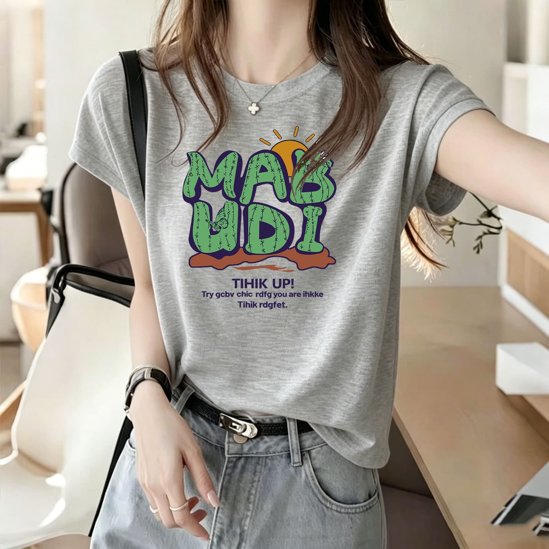 대나무 마디 면 세련된 프린트 반팔 티셔츠 여성 여름 한국 스타일 새로운 차가운 센스 슬림해 보이는 다용도 외국 가스 맨위 상세 이미지 2