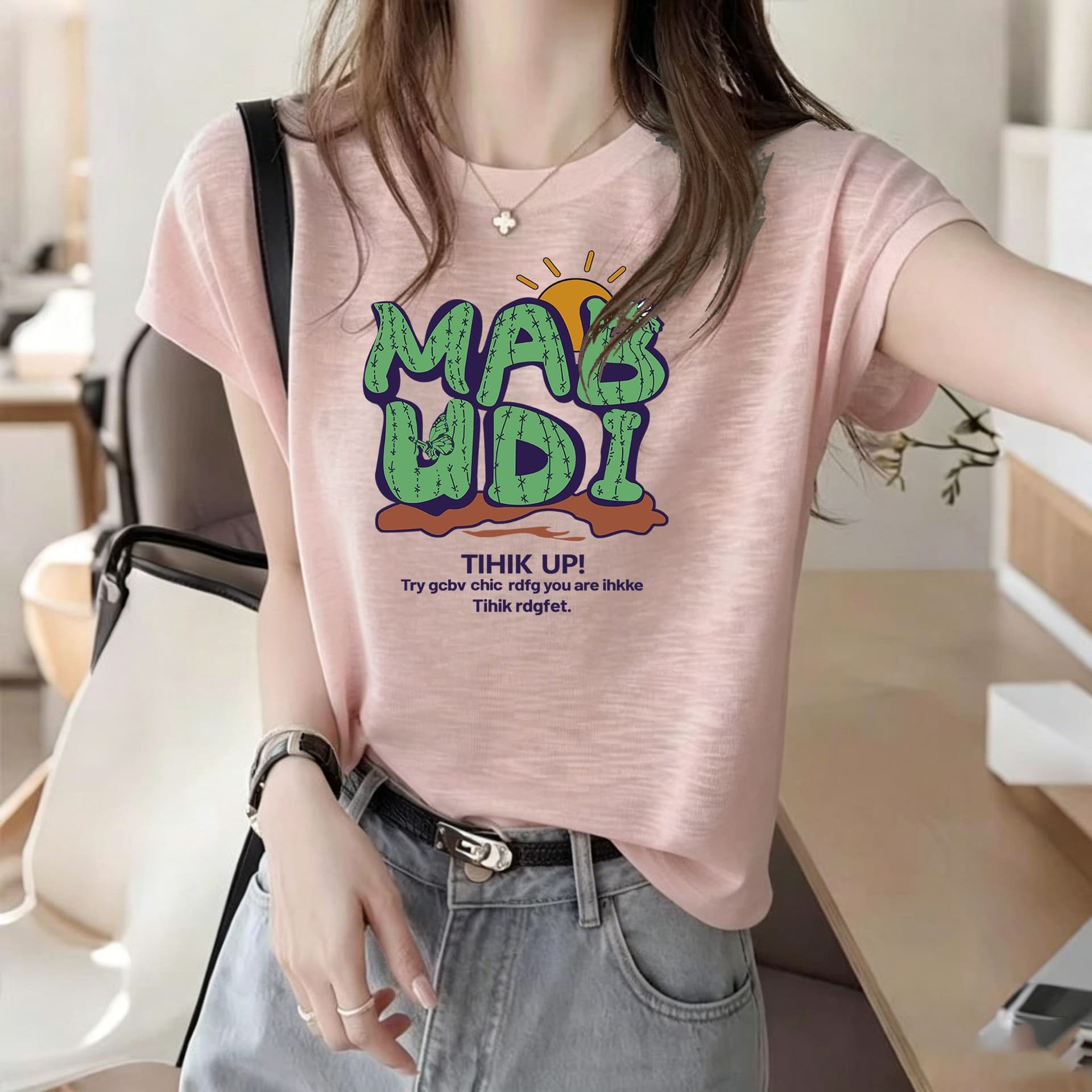 대나무 마디 면 세련된 프린트 반팔 티셔츠 여성 여름 한국 스타일 새로운 차가운 센스 슬림해 보이는 다용도 외국 가스 맨위 상세 이미지 3