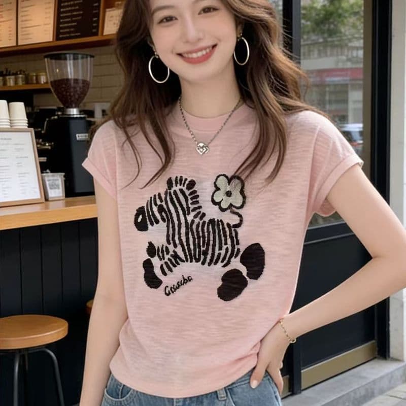 대나무 마디 면 세련된 프린트 반팔 티셔츠 여성 여름 한국 스타일 새로운 차가운 센스 슬림해 보이는 다용도 외국 가스 맨위 상세 이미지 3