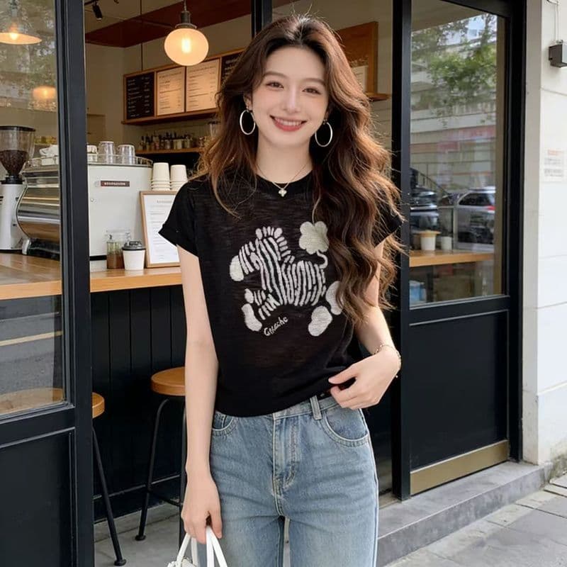 대나무 마디 면 세련된 프린트 반팔 티셔츠 여성 여름 한국 스타일 새로운 차가운 센스 슬림해 보이는 다용도 외국 가스 맨위 상세 이미지 5
