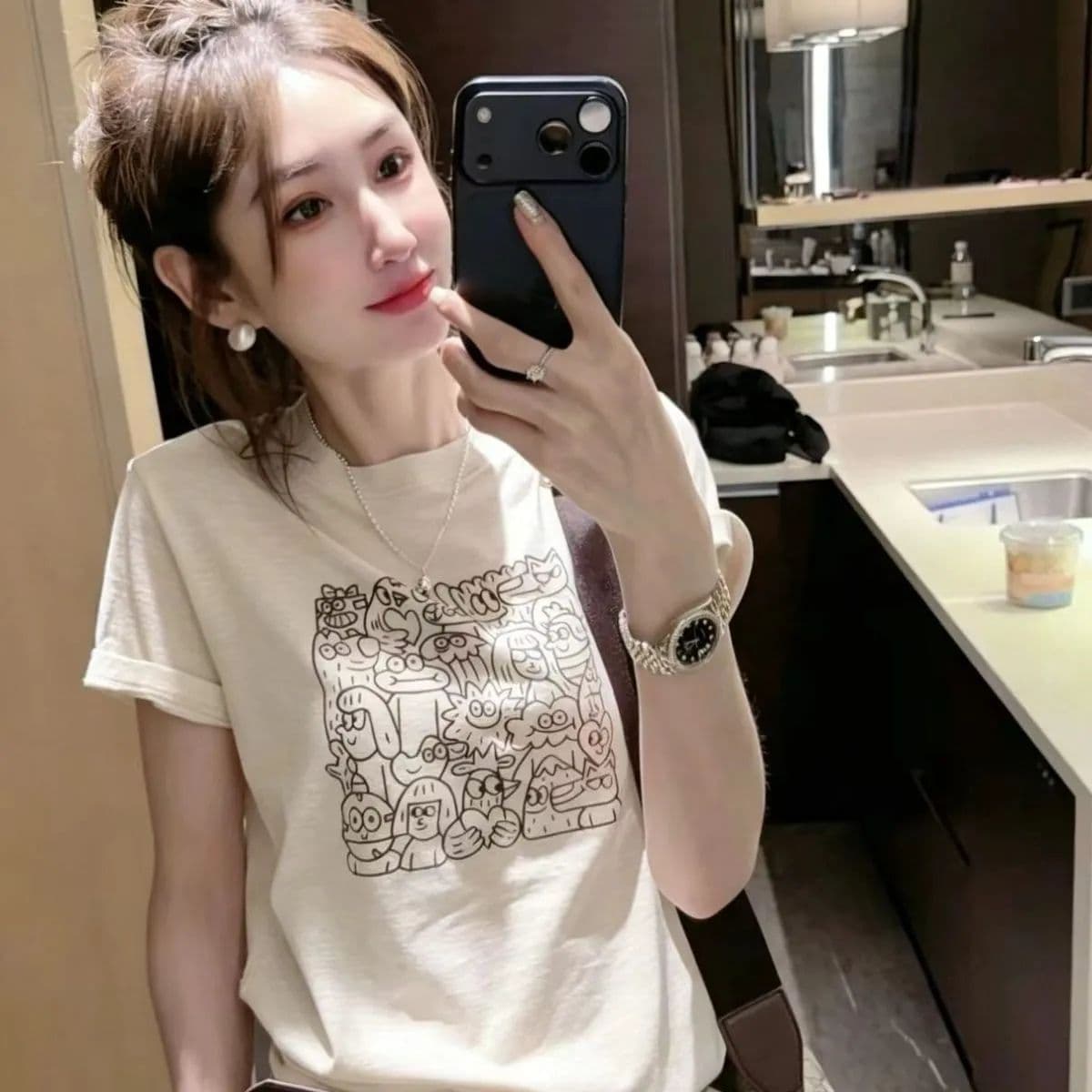 대나무 마디 면 세련된 프린트 반팔 티셔츠 여성 여름 한국 스타일 새로운 차가운 센스 슬림해 보이는 다용도 외국 가스 맨위 이미지 4