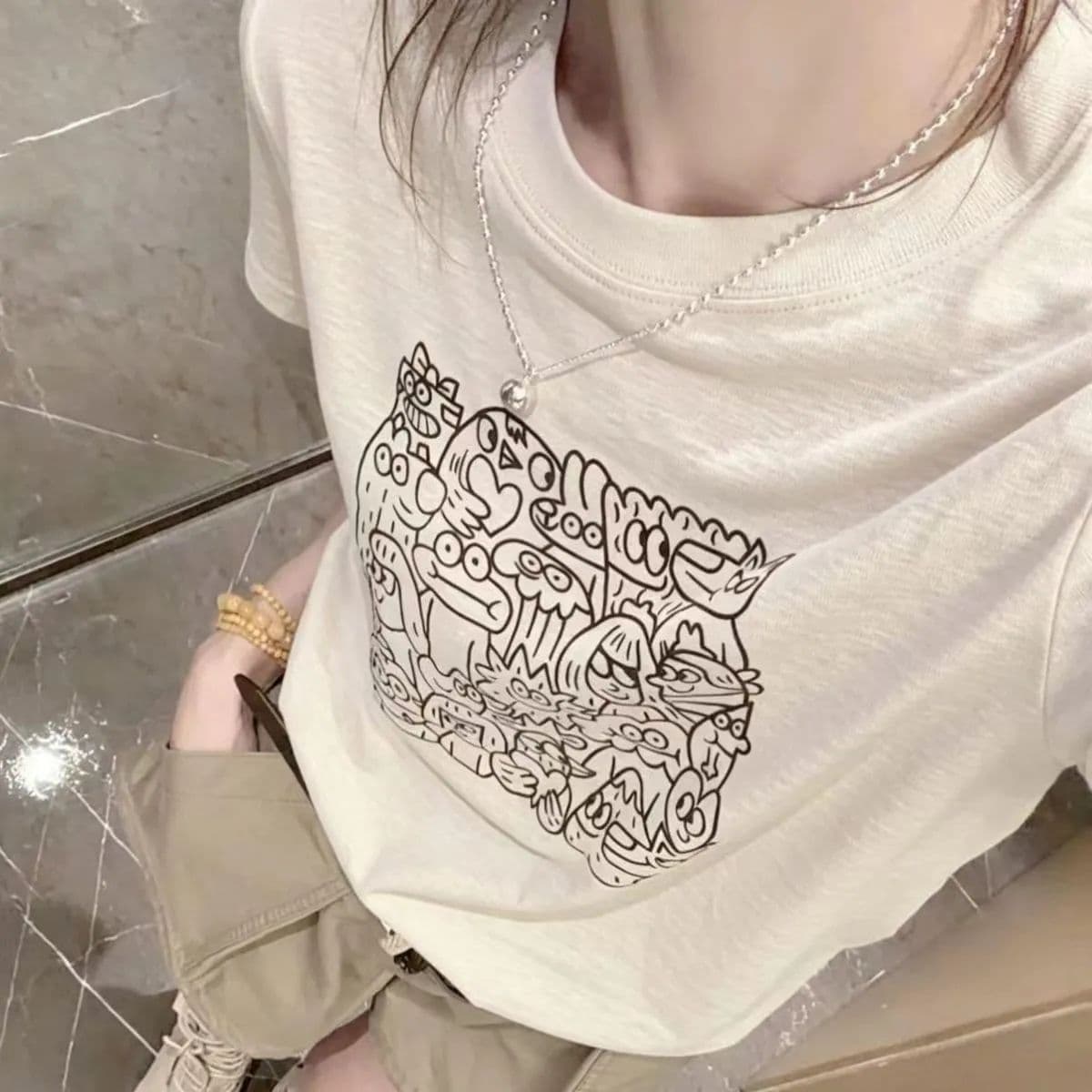대나무 마디 면 세련된 프린트 반팔 티셔츠 여성 여름 한국 스타일 새로운 차가운 센스 슬림해 보이는 다용도 외국 가스 맨위 이미지 5