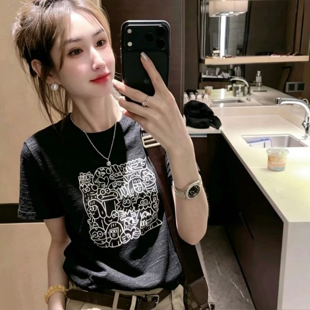 대나무 마디 면 세련된 프린트 반팔 티셔츠 여성 여름 한국 스타일 새로운 차가운 센스 슬림해 보이는 다용도 외국 가스 맨위 상세 이미지 1