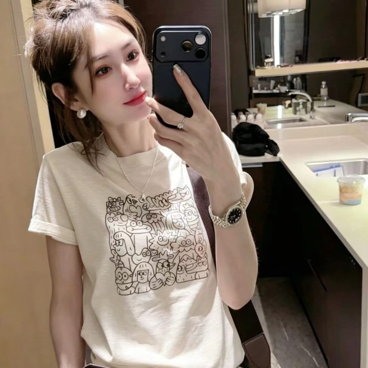 대나무 마디 면 세련된 프린트 반팔 티셔츠 여성 여름 한국 스타일 새로운 차가운 센스 슬림해 보이는 다용도 외국 가스 맨위 상세 이미지 3