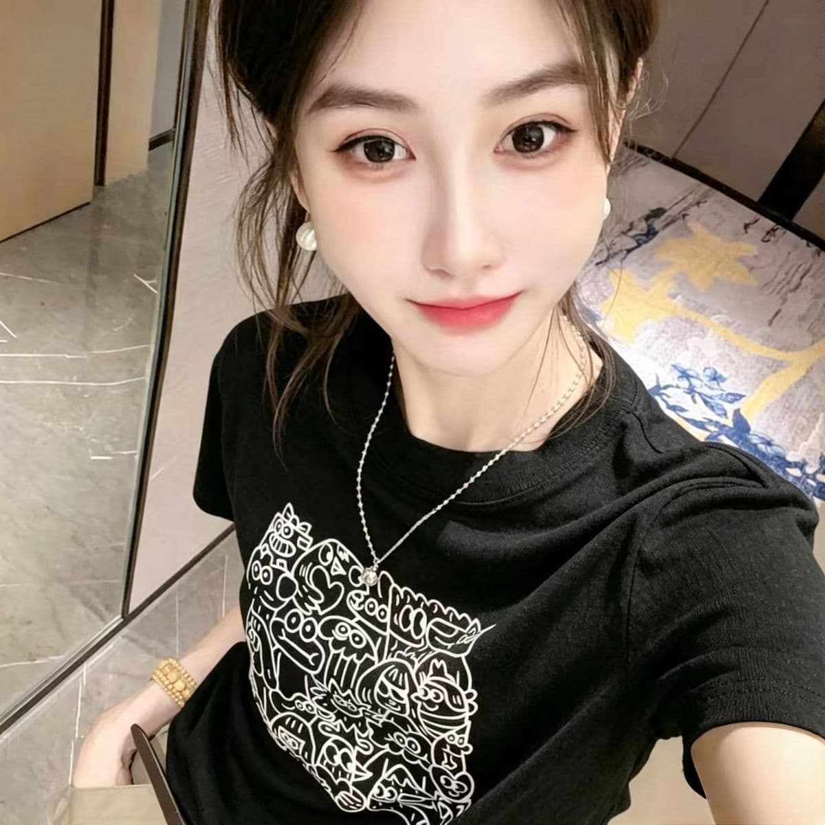 대나무 마디 면 세련된 프린트 반팔 티셔츠 여성 여름 한국 스타일 새로운 차가운 센스 슬림해 보이는 다용도 외국 가스 맨위 상세 이미지 4