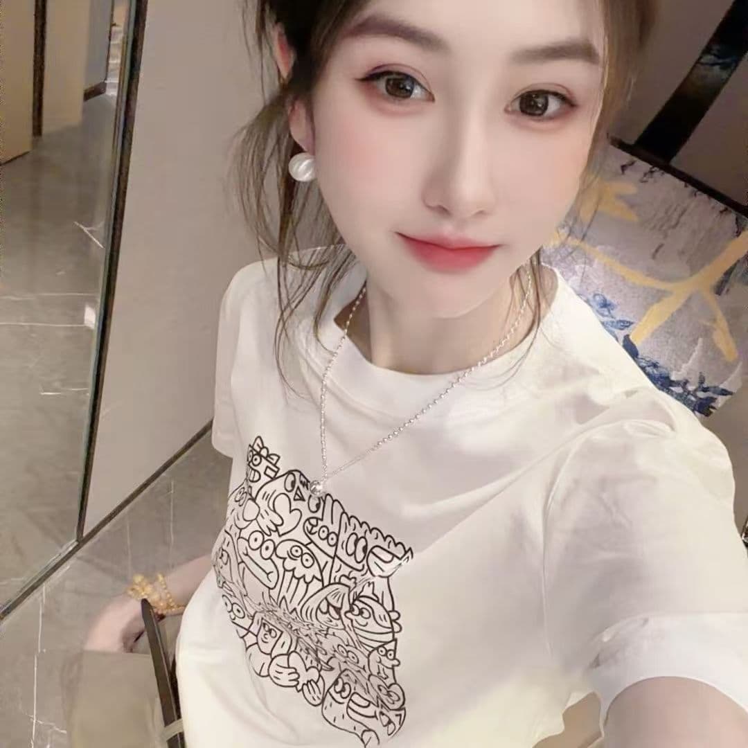 대나무 마디 면 세련된 프린트 반팔 티셔츠 여성 여름 한국 스타일 새로운 차가운 센스 슬림해 보이는 다용도 외국 가스 맨위 상세 이미지 6