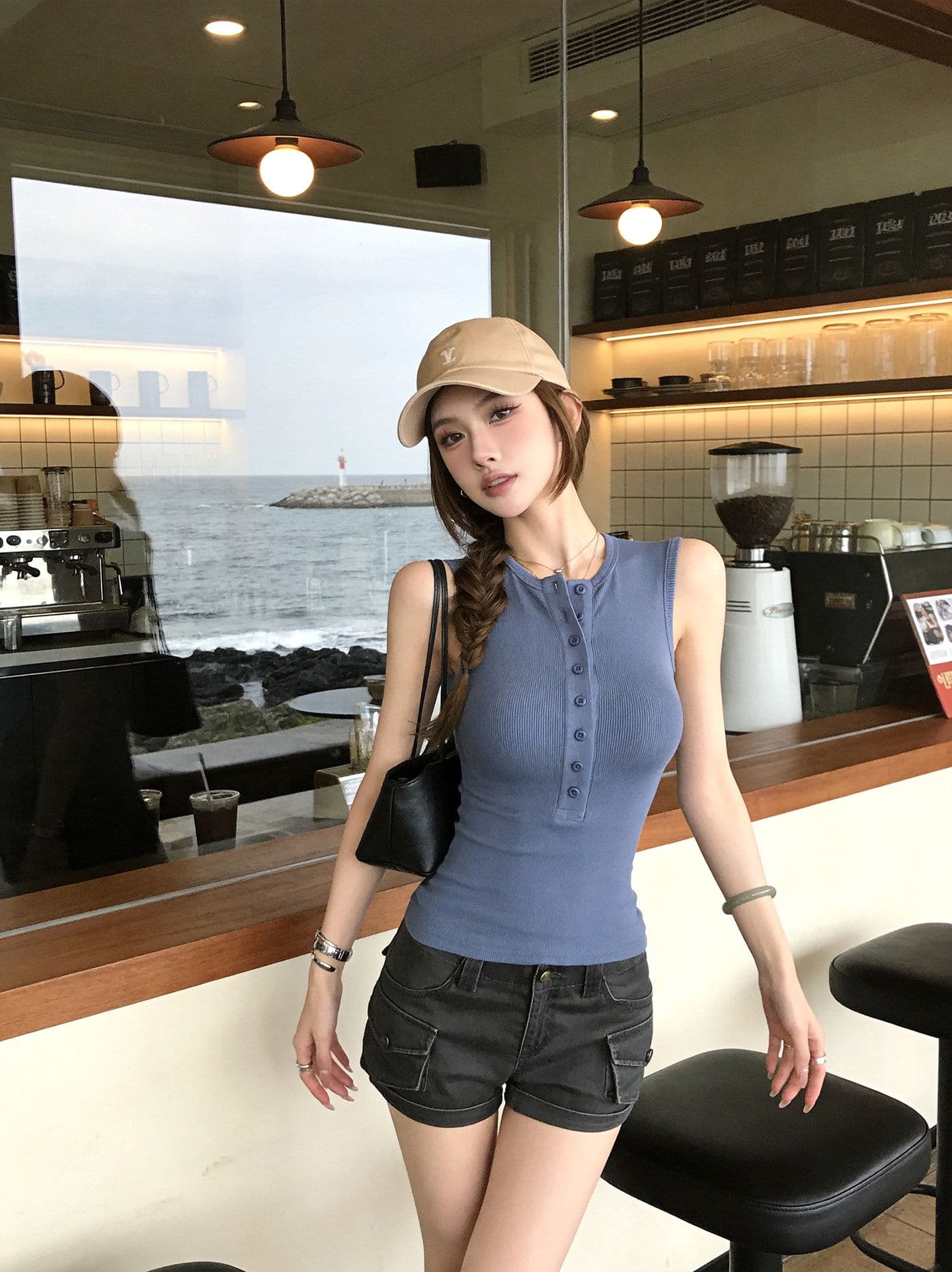 260 그램 사람들 면 한국 스타일 패션 핫걸 헨리 칼라 민소매 조끼 여성 여름 디자인 센스 몸매 가꾸기 슬림해 보이는 맨위