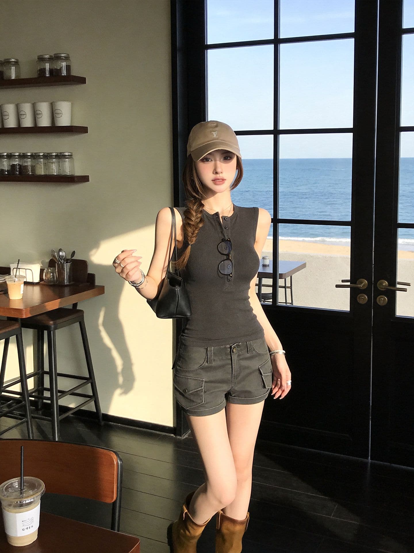 260 그램 사람들 면 한국 스타일 패션 핫걸 헨리 칼라 민소매 조끼 여성 여름 디자인 센스 몸매 가꾸기 슬림해 보이는 맨위 상세 이미지 3
